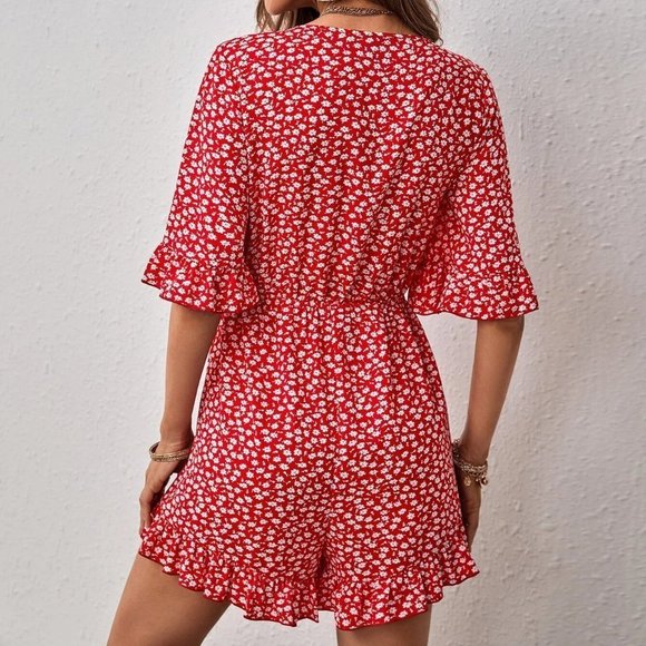 Red Boho Womens Ditsy Floral Tie Front Ruffle Hem Romper - Picture 2 of 5